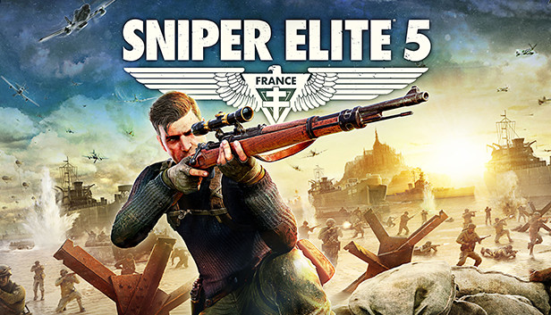 Sniper Elite 5 logo.  Karl looking down his rifle sight while there is a beach battle with soldiers behind him and planes flying in the sky