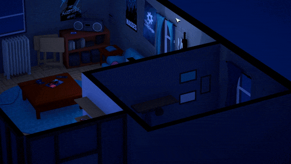 A 3D rotating view of a small apartment with a boy standing by a kitchen counter.