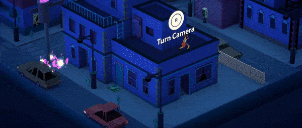 A 3D diorama view of a city block, with A girl running around on screen navigating the environment.