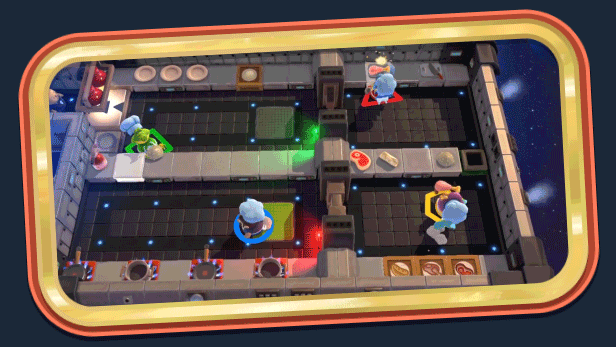Nấu ăn trên không gian trong game Overcooked! All You Can Eat.
