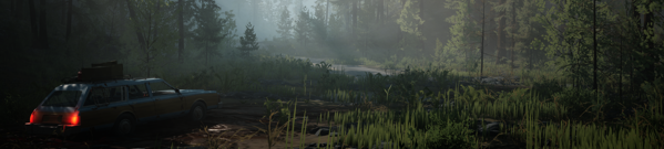 Pacific Drive: Chiếc xe station wagon bị mắc kẹt bên vệ đường lầy lội trong rừng sương mù
