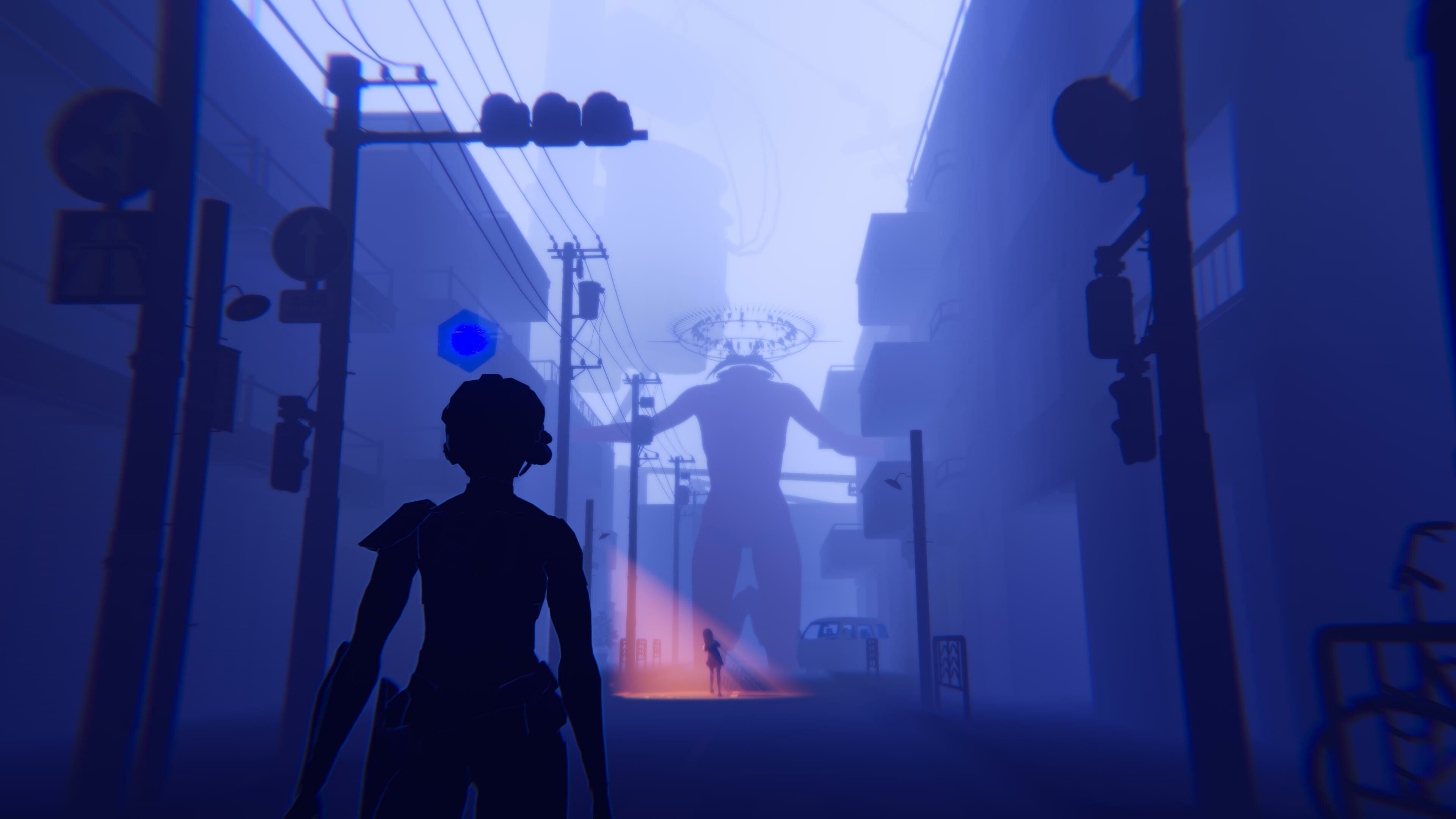 You in 3rd person looking at a girl under a streetlamp and a headless giant in the background