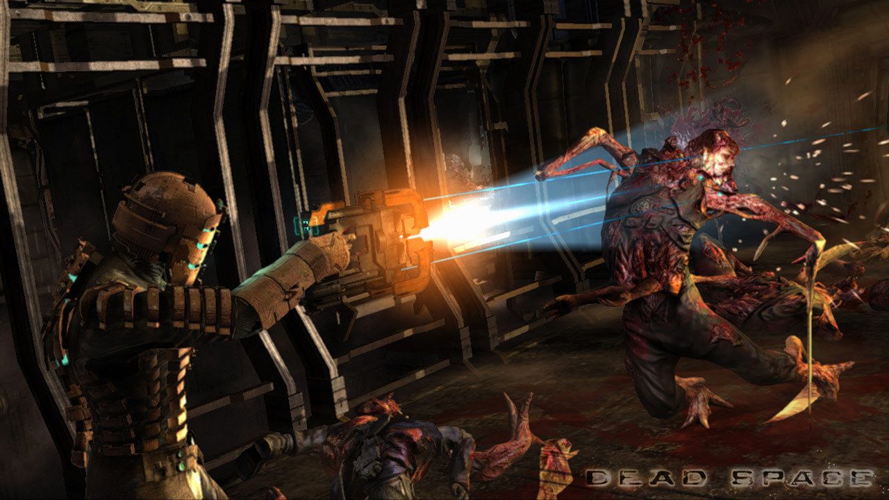 A screenshot from the video game Dead Space where an armored character is shooting a plasma cutter at an undead mutated creature.