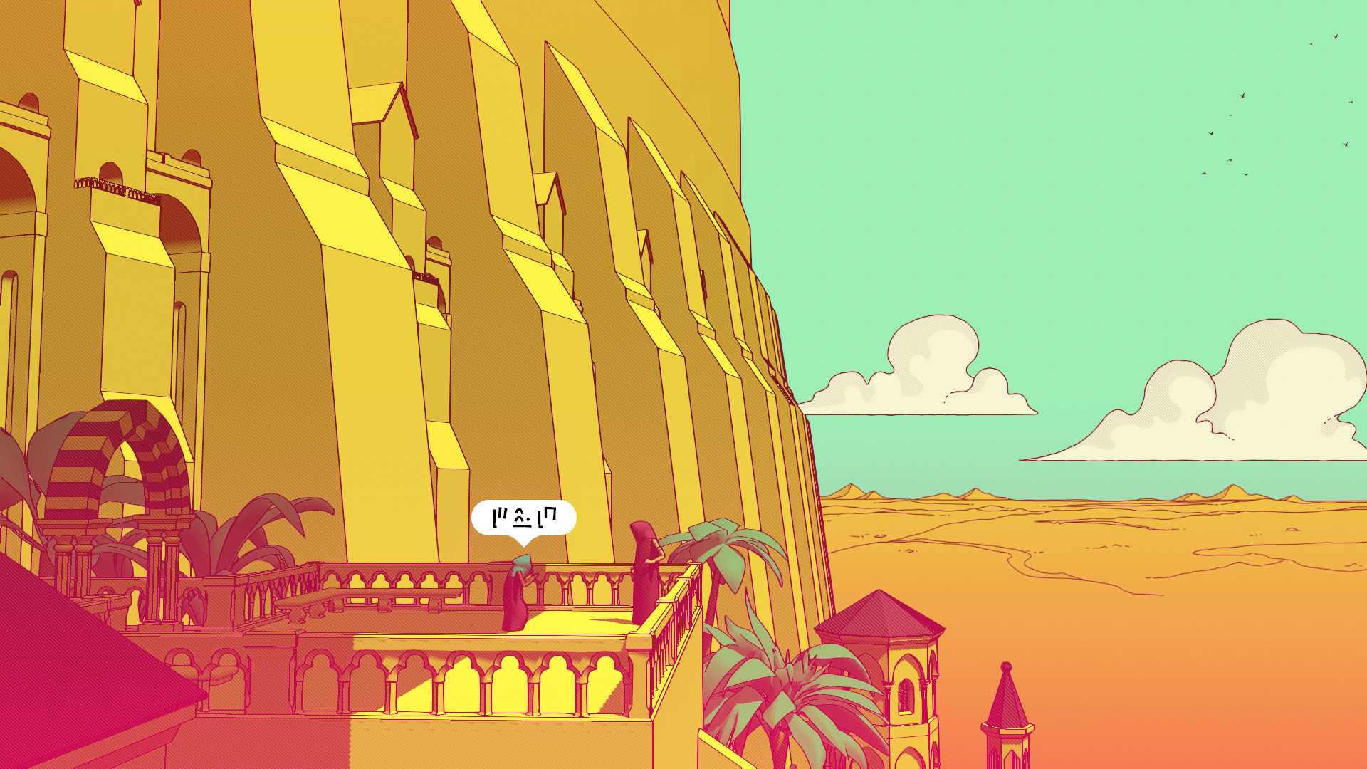 Gameplay screenshot of Chants of Sennaar, showing the main character standing right outside the tower near the beginning of the game.