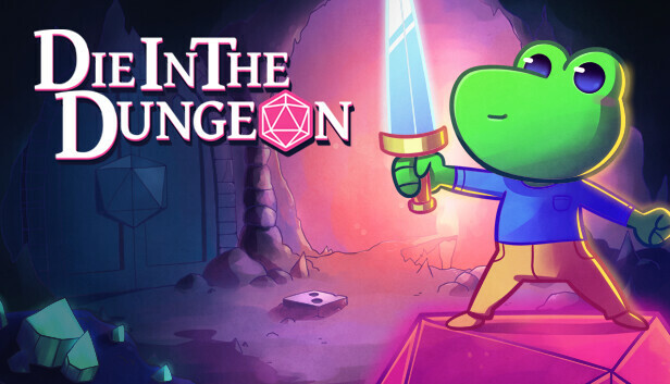 Die in the Dungeon key art showing a glowing red die rolling through a dungeon doorway above the game logo