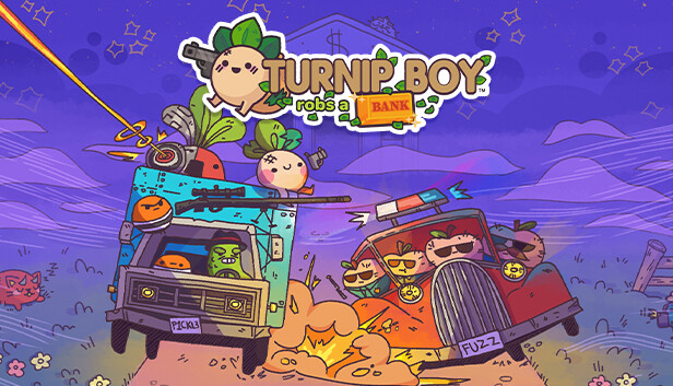 Turnip Boy Robs a Bank key art showing Turnip Boy in a heist