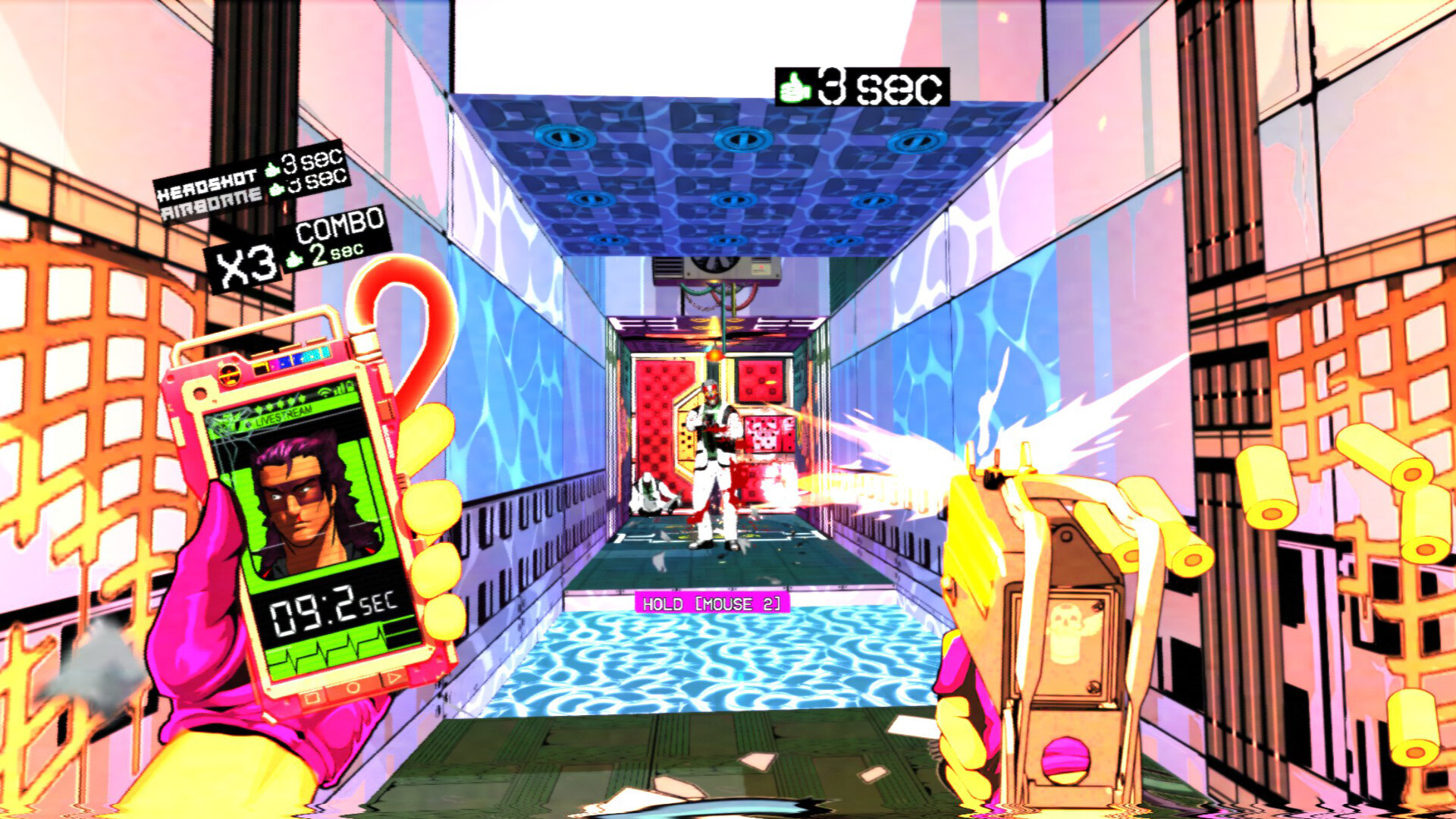 A bright, colourful corridor with a water block in the floor. The player has an SMG pointed and shooting at a robot in the distance