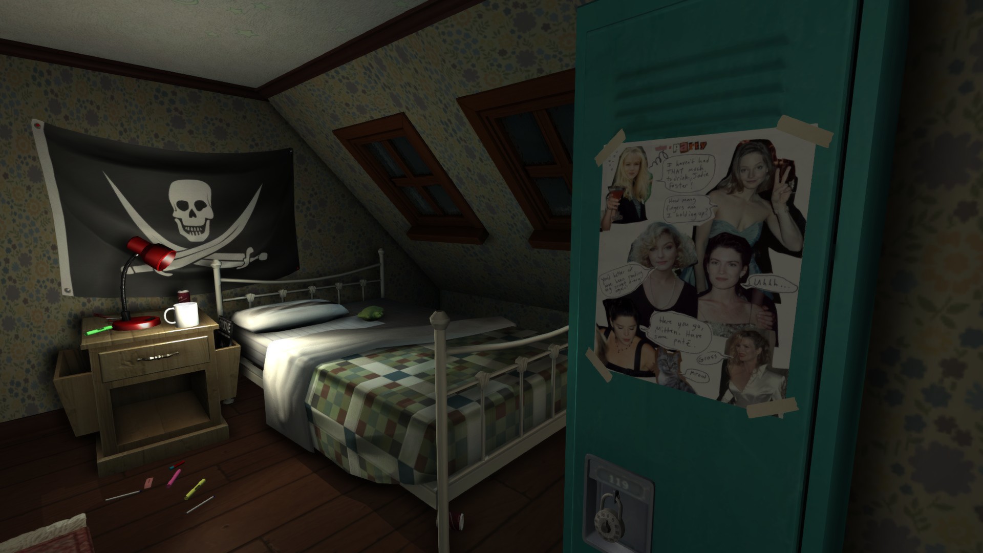 Sam's bedroom with a pirate flag and pictures of girls stuck to her locker.