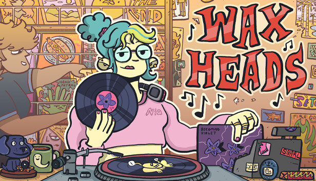 Wax Heads key art showing the Repeater Records storefront in a cozy-punk hand-drawn style