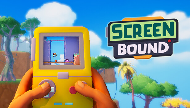 Screenbound gameplay showing a character in a 3D world playing a 2D game on a handheld device