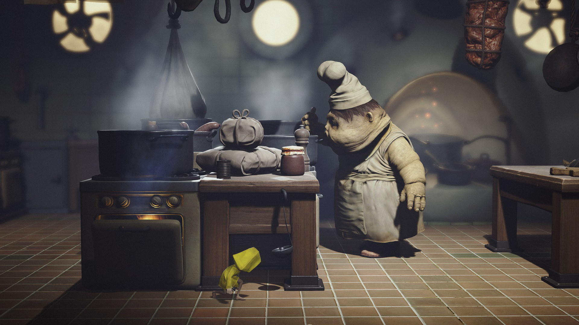 A screenshot from the video game Little Nightmares showing a girl in a yellow raincoat hiding in a kitchen from a monstrous cook.