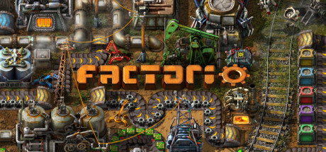 The text 'Factorio' with the mechanisms and gears of the videogram as the background