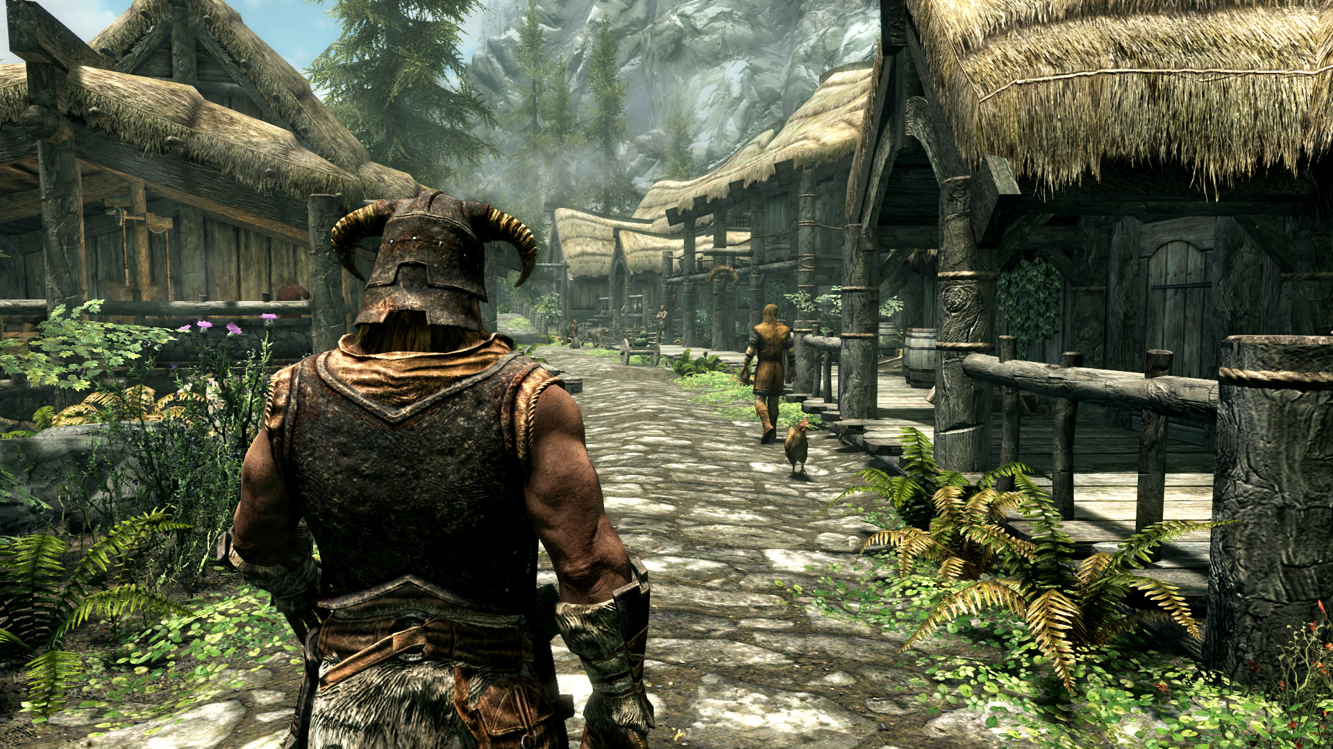 The Dragonborn from Skyrim walking through a humble village in sunlight.