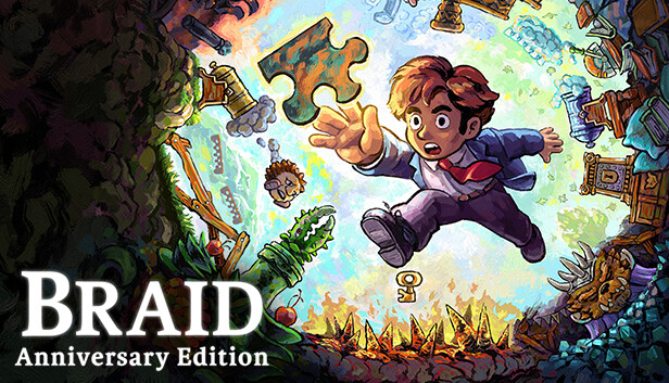 Braid, Anniversary Edition key art showing Tim standing before a painted landscape with puzzle pieces scattered across the sky