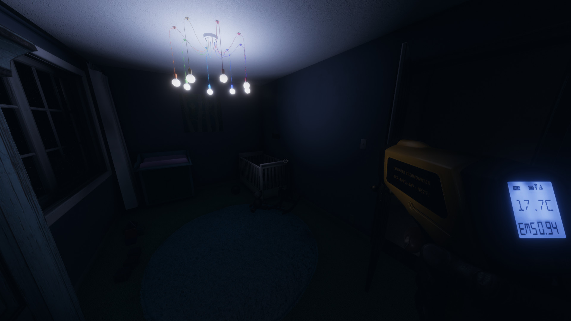 A screenshot from the video game Phasmophobia in a dark bedroom with a light fixture on the ceiling while the character reads the temperature of the room with a thermometer gun that reads out 17.7 degrees Celsius.