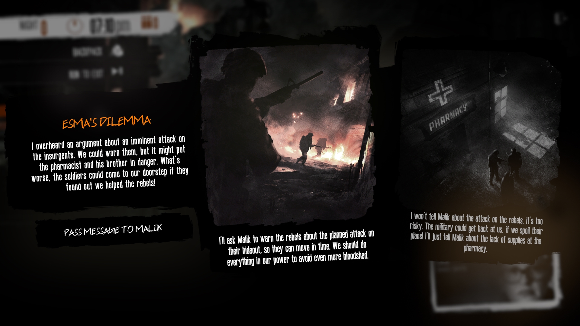 The image describes one of Esma's dilemmas between exposing an attack on the Rebels and staying silent about the event.