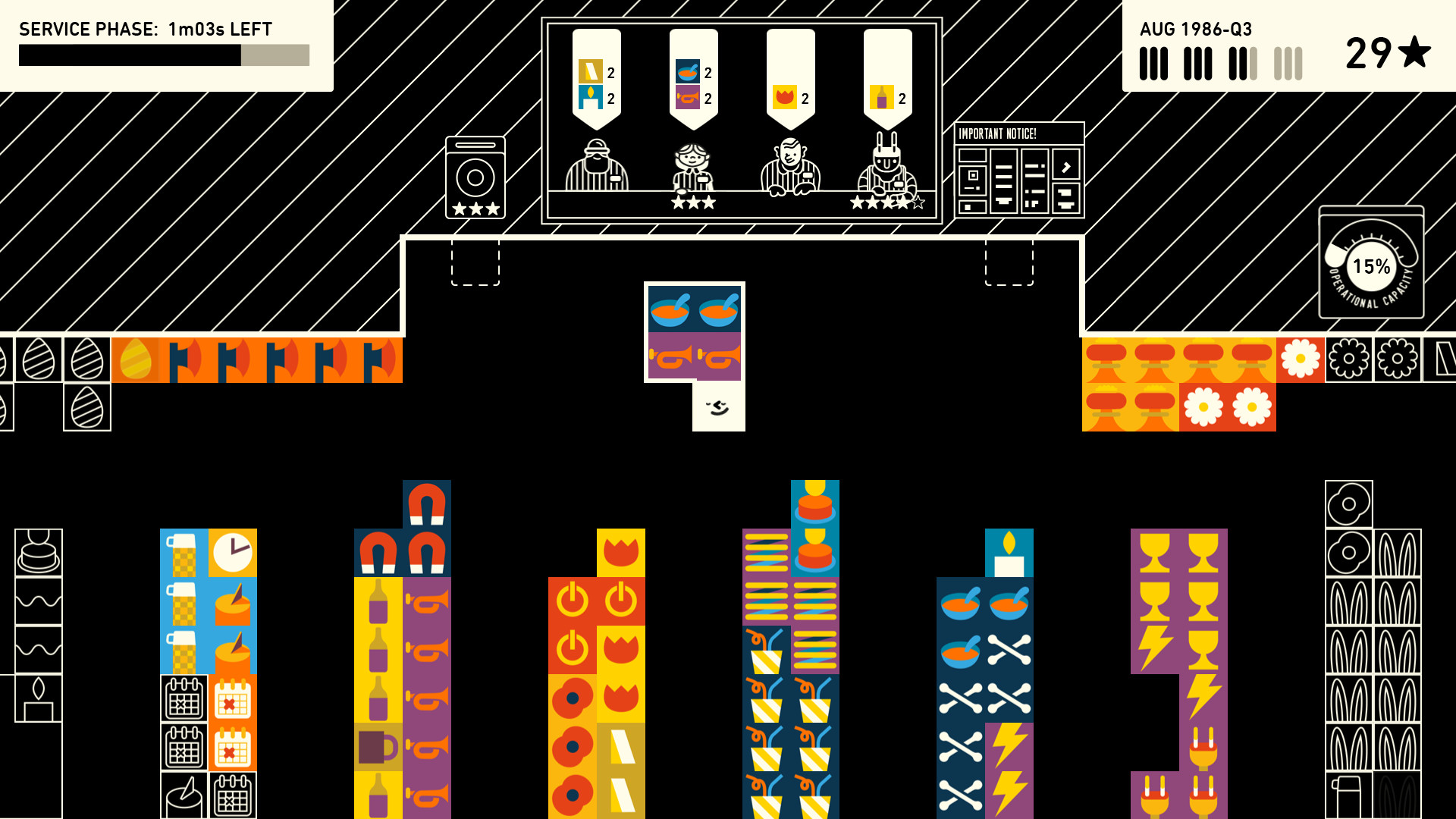 Gameplay screenshot of Wilmot's Warehouse, showing Wilmot delivering a few items