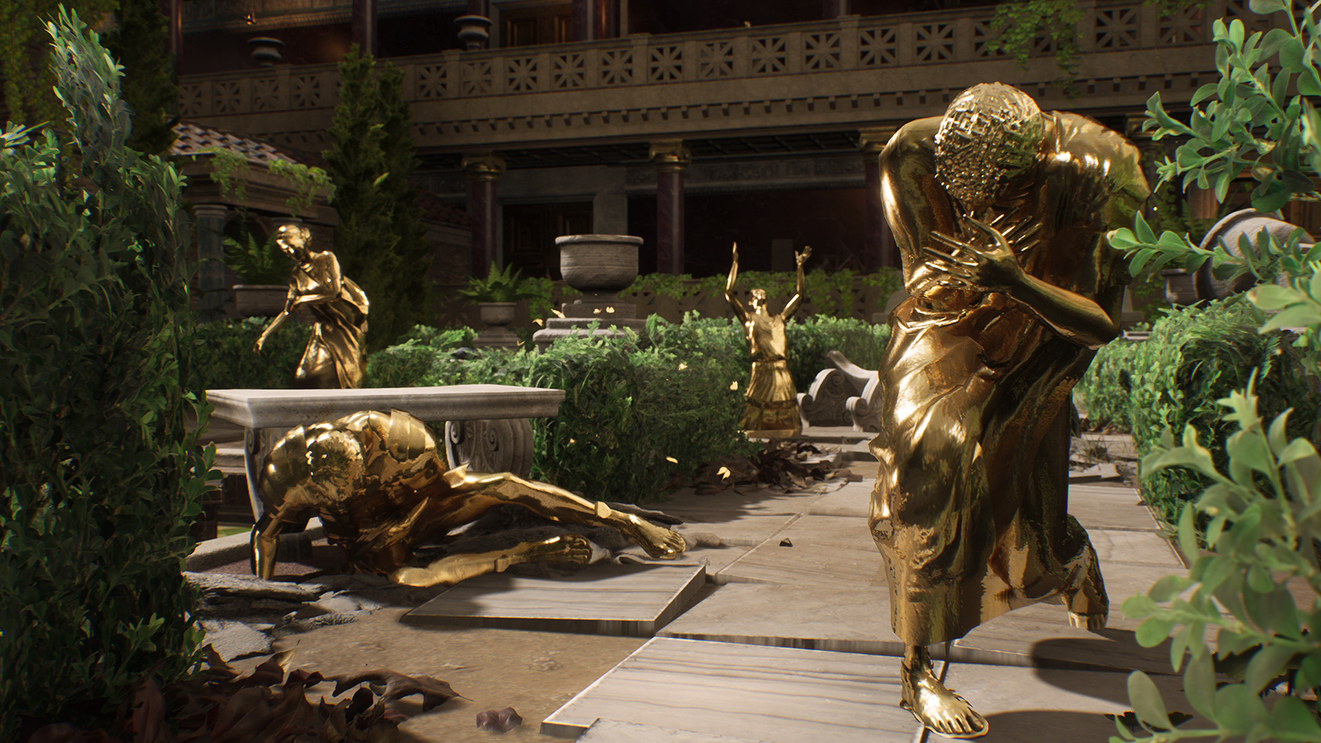 A screenshot from the video game The Forgotten City where multiple gold statues in poses of distress are placed throughout a Roman garden.
