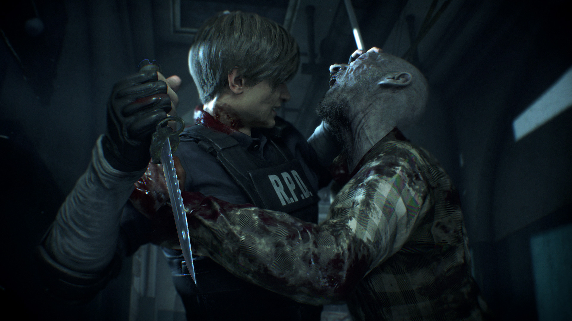 A screenshot from the video game Resident Evil 2 (2019) where a cop is wielding a hunting knife and fighting off an undead creature.