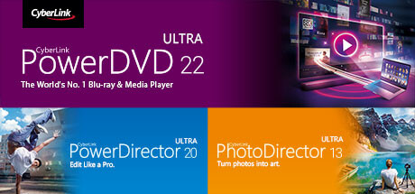 CyberLink PowerDVD 22 Ultra + PowerDirector 20 Ultra + PhotoDirector 13 Ultra banner image