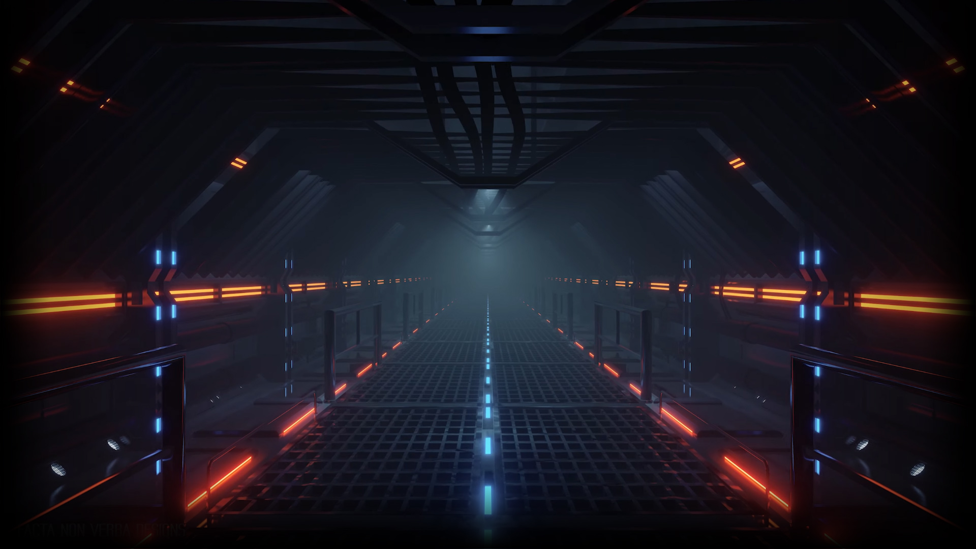 Cyberpunk corridor with particles, 60FPS